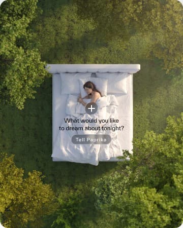 A bed in a forest clearing, with the prompt: what would you like to dream about tonight?