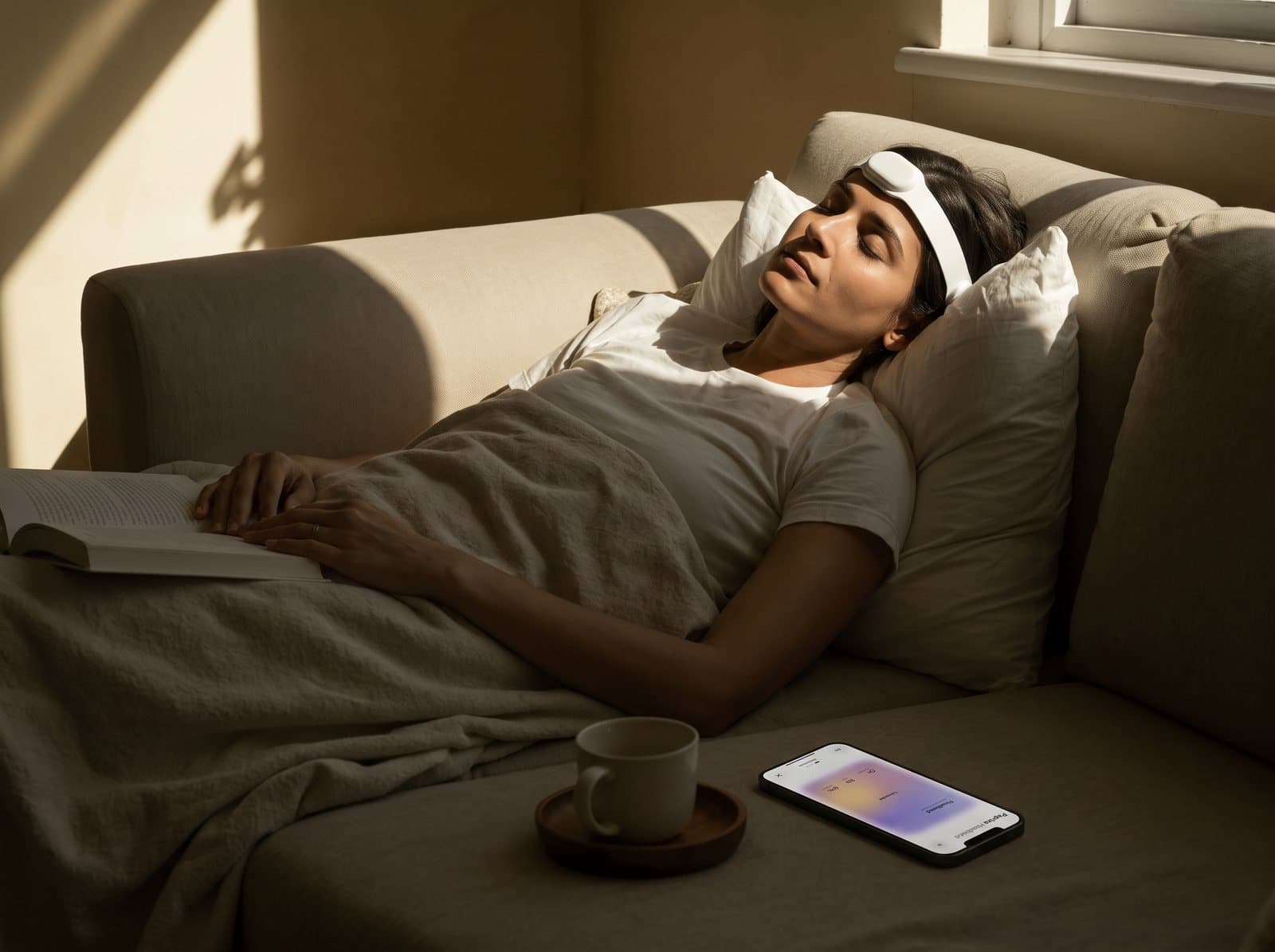 A woman asleep on a sofa in afternoon light, her phone face down on the table.